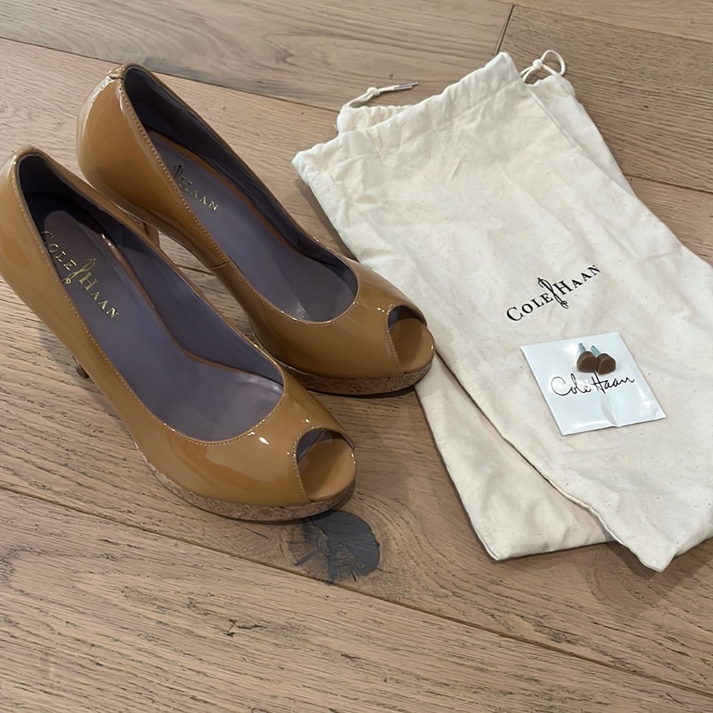 Cole Haan - Tan Patent Peep Toe Heels with Cork Platform